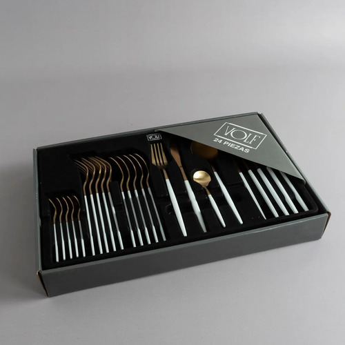 Set De Cubiertos En Caja Metro Dorado Y Blanco - 24 Piezas