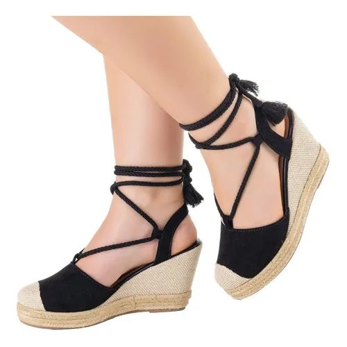 Sandalias Femininas Anabela Preta Salto Alto Espadrille Trança Sola  Emborrachada Leve Macia Lançamento Promoção