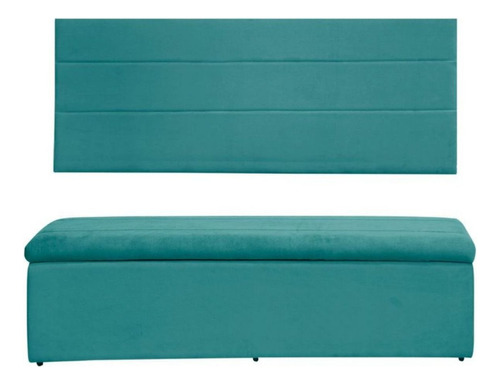 Cabeceira E Calçadeira Baú 120 Cm Helena Suede Azul Tiffany Cor Azul-turquesa