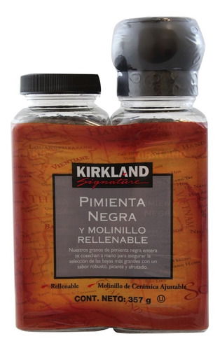 Pimienta Negra Entera + Molinillo Rellenable Kirkland 357 G