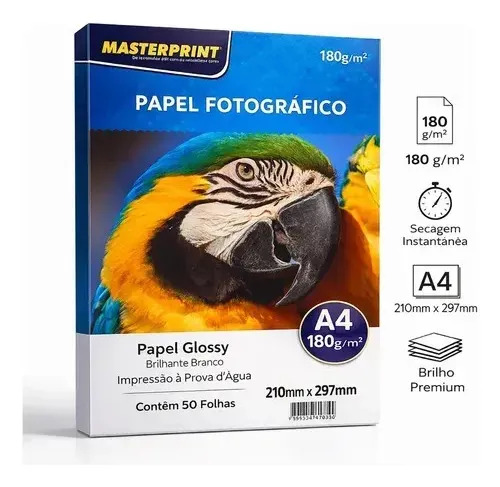 Papel Fotográfico A4 Glossy 180g Masterprint 50 Folhas Brilhante Branco