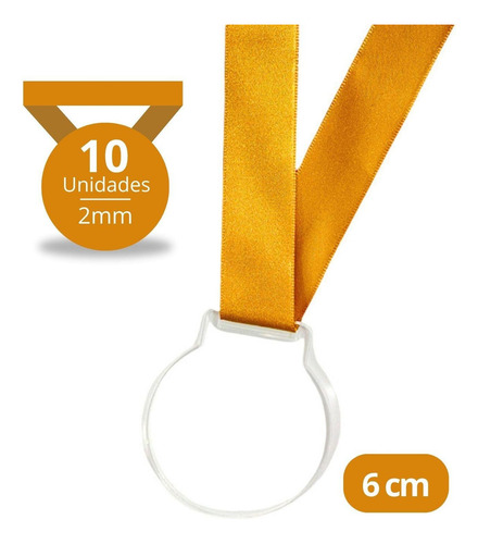 Kit 10 Medalhas 6cm - 2mm C/ Fita Dourado Ouro