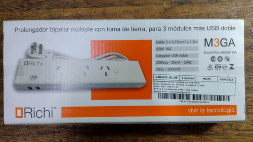 Zapatilla Prolongador 2 Usb 3 Tomas Con Cable 1,5mts Richi