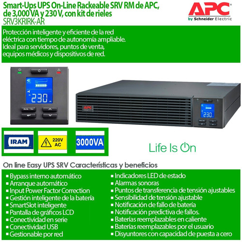 Imagen 3 de 6 de Ups Rack Apc Sai Easy Srv 3000va 230v Online Srv3krirk-ar