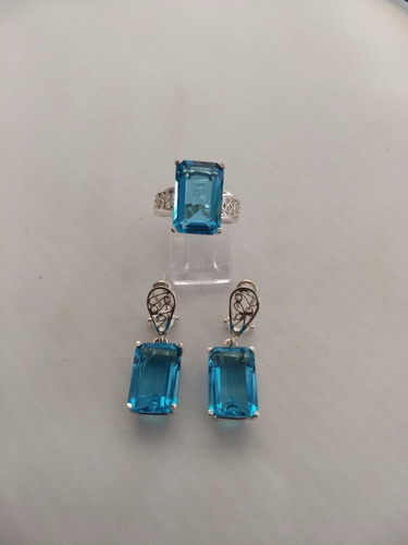 Juego Anillo Y Aretes Aguamarina Rectangular Uñas Plata 950