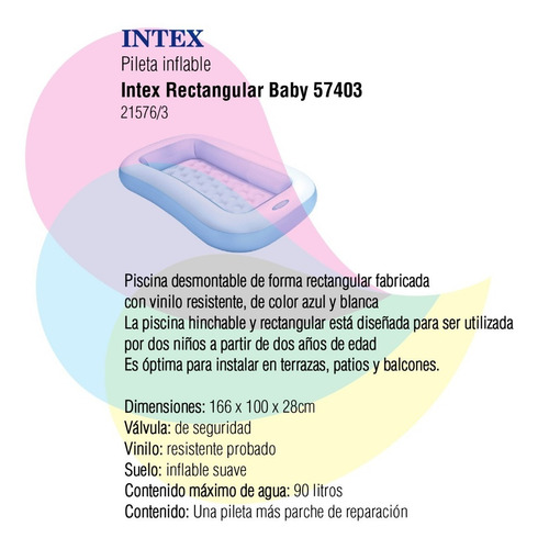 Imagen 2 de 7 de Pileta Inflable Rectangular Intex 57403 166x100x28cm 102l