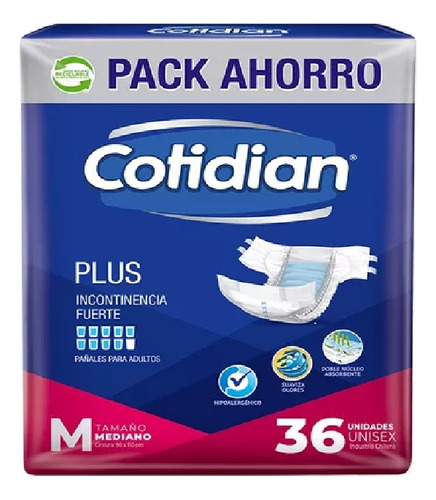 Cotidian Incontinencia Fuerte Plus Mediano Pack con 36 unidades