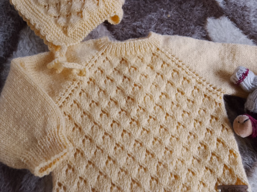 Body, Gorrita Y Escarpines Bebé Manga Larga Tejido Amarillo Maiz 1-3 M