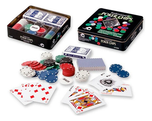 Juego De Poker Professional 100 Fichas Cartas Estuche Lata