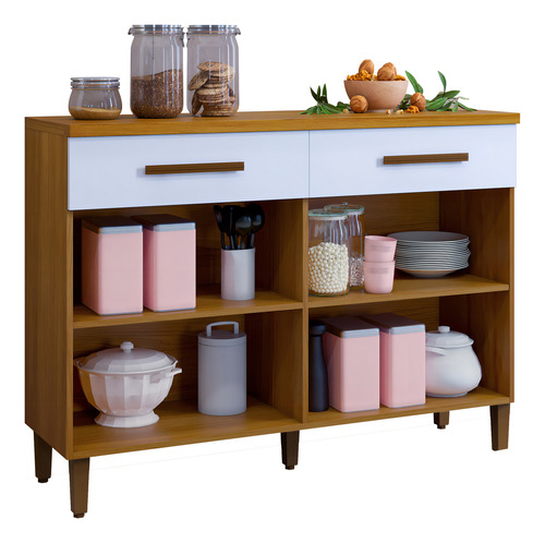 Balcão De Cozinha 2 Porta 2 Gaveta Balcão Multiuso Tampo Mdf Cor Freijó/branco