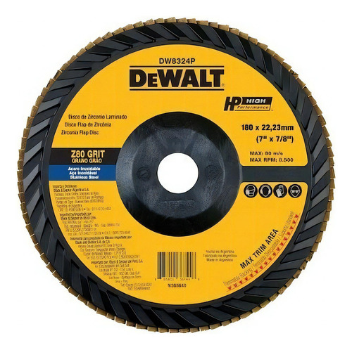 Disco Dewalt DW8324P-Ar 7.7/8 Gr 80 con solapa, color negro y amarillo