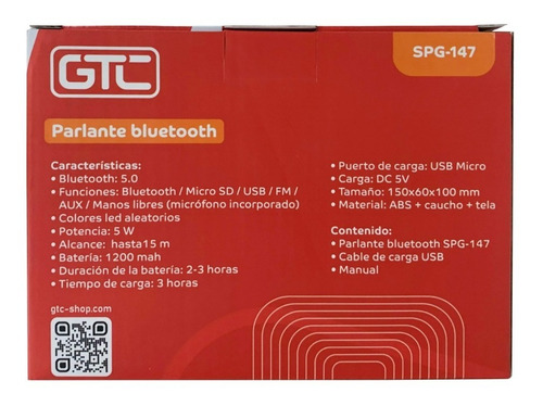 Imagen 6 de 6 de Parlante Bluetooth Gtc Portátil Con Luces Rgb Spg-147