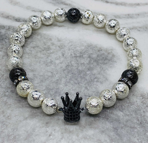 Pulsera Corona Piedra Volcánica & Hematita Cristales Zirconia Austriaco Color Modelo 3 Diámetro 18 Cm