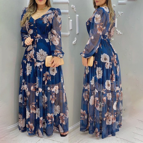 Vestido Mujer Net Yarn Draw Back Chifón Estampado 2523