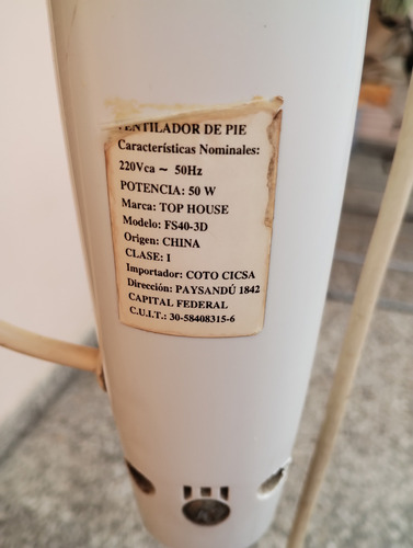 Ventilador De Pie Top House De 3 Velocidades (usado) 1.7 M 50 Hz Blanco Blanco Metal 3 (Usado)