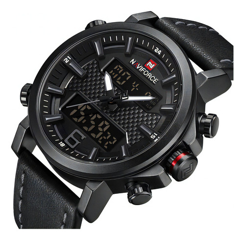 Reloj De Cuero Digital Militar Impermeable Naviforce Color Del Fondo Black/gray