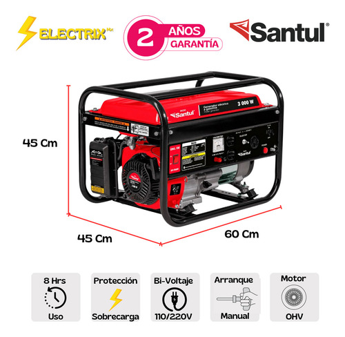 Generador Portatil De Luz Eléctrica 3000 W A Gasolina Con Motor 7.5 HP 110V/220V Santul 9630