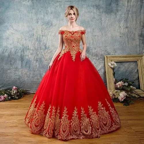 Vestidos Xv Años Rojo Bordado Hombros Descubiert Quinceañera