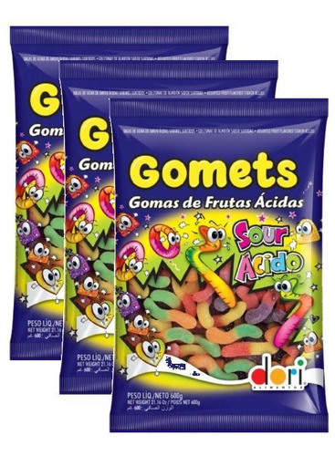 Kit 3 Bala De Goma Dori Gomets Minhocas Frutas Ácidas 600g