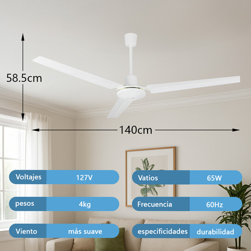 Ventilador De Techo 65w Con 3aspas 5 Velocidades Blanco