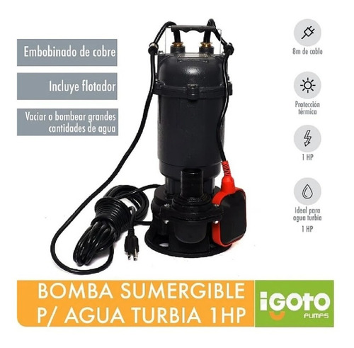 Bomba Sumergible Agua Sucia Lodosa 18 Mts 1 Hp Igoto Wqd-16