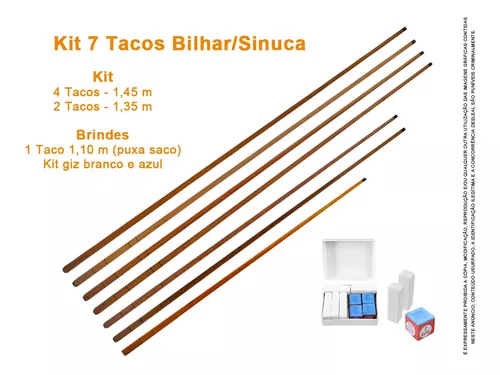 6 Tacos Bilhar Sinuca Madeira Ipê Resistente + Kit Giz