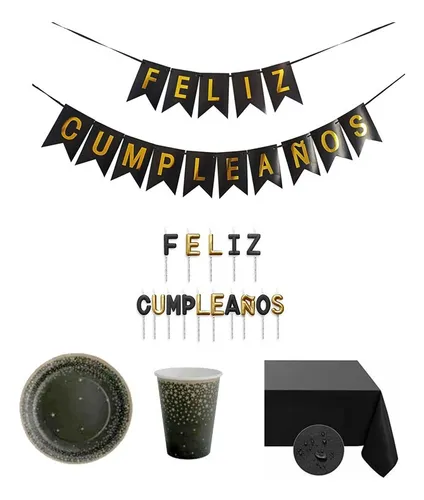 Kit De Fiesta Decoracion Negro Con Dorado
