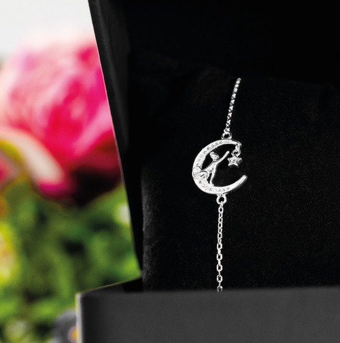 Pulsera De Plata Fina 925 Gato,estrella, Sobre Luna Diámetro 16 Cm