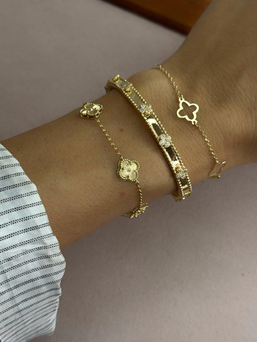 Pulseira Portuguesa Com Trevos Maciços 10 Mm Ouro 18k 750