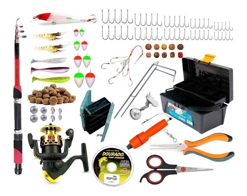 Kit Pesca P/ Iniciante Vara E Molinete + Caixa C/ Acessórios