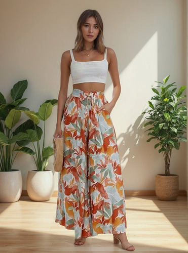 I Falda Pantalon Larga Dama Pierna Ancha Estampado Floral