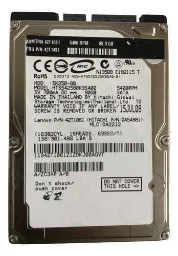 Hd Hitachi Hts542580k9sa00 80gb 5400rpm Sata 9mm 2.5 Cinza