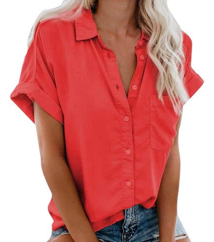 Camisa Manga Corta Boton Para Mujer Cuello V Casual Trabajo