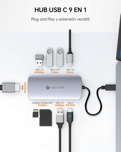 Novoo Hub 9 En 1 Adaptador Usb Tipo C A Hdmi 4k Con 3 Puertos Usb 3.0 Y Pd 100w Para Macbook Pro/air,iPad,portátil Color Plateado