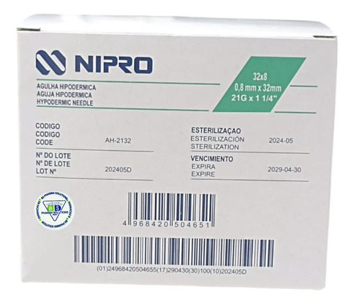 Aguja Hipodermica 21g X 1 1/4 Nipro Caja/100 Capacidad En Volumen 5 Ml 5 Ml