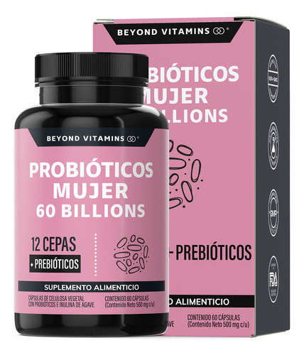Probióticos Mujer 60 Billion + Prebióticos + Inulina De Agave| 12 Cepas Con Tecnología De Microencapsulación Para Resistir Ácidos Estomacales | Suplemento Alimenticio Beyond Vitamins - 60 Cápsulas