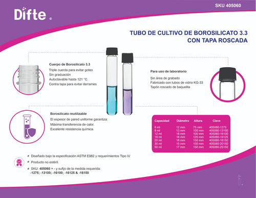 Tubo De Vidrio C/tapa Roscada De 16*150mm Caja 1,000 Pzas