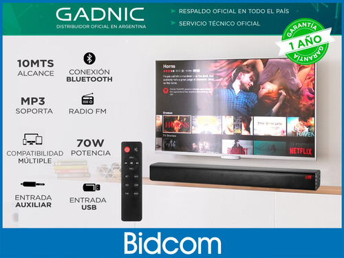 Imagen 2 de 9 de Barra De Sonido Soundbar Gadnic 70w Bluetooth Usb Mp3 Aux Tv