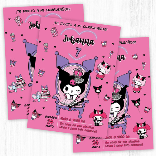 Invitacion Digital Kuromi Rosa Cumpleaños Nena - Whatsapp Editable En Canva