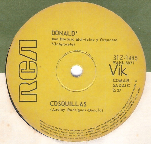 Donald: Cosquillas - El Mochilero / 33 Rpm Simple Rca Vik