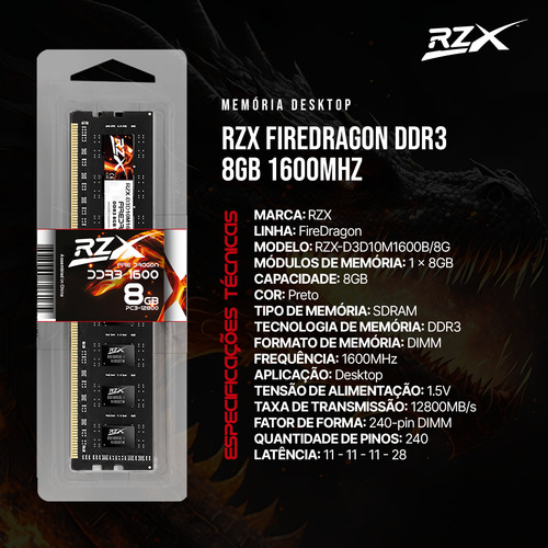 Memória Ram Rzx Fire Dragon Ddr3 8gb 1600mhz Gamer Desktop