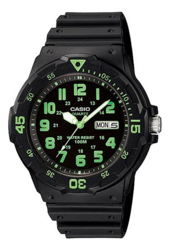 Reloj pulsera Casio Youth MRW-200 de cuerpo color negro, analógico, para hombre, fondo negro, con correa de resina color negro, agujas color blanco y verde, dial verde, minutero/segundero verde, bisel color negro y hebilla simple