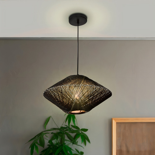 Lámpara Colgante Vintage Negro Ratán E27 1 Luz