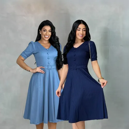 Kit 2 Vestido Moda Evangélica Mídi Malha Canelada Godê