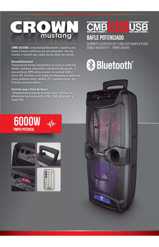 Parlante Crown Mustang CMB-812BT portátil con bluetooth y wifi negro 220V