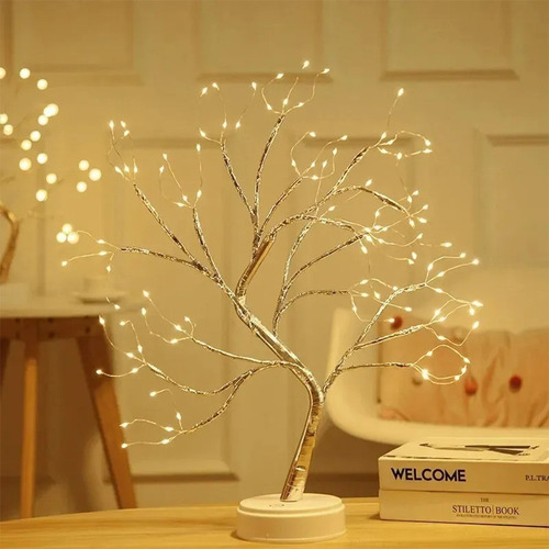 Lámpara Led De Mesa Árbol Tipo Bonsái Flores Color Plateado