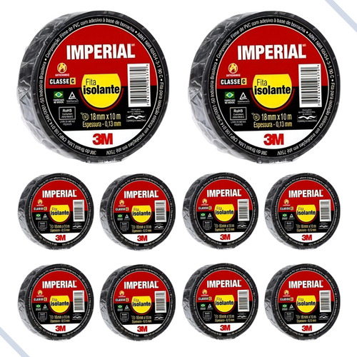 Kit 10 Rolos De Fita Isolante 3m Imperial 10 Metros - 3m Cor Preto