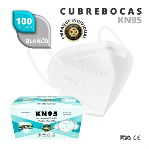100 Cubrebocas Kn95 Mascarilla Reutilizable Color Blanco