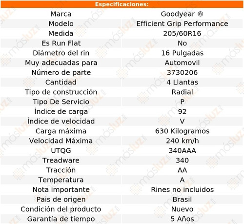 4 Llantas Efficient Grip Performance Goodyear 205/60r16 92v