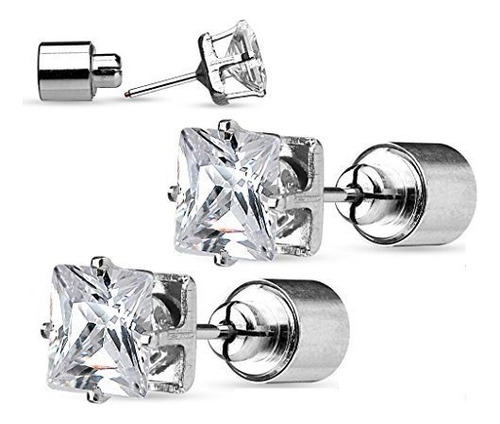 Aros - Pair Of Led Blinking Clear Square Cz 316l Surgical S